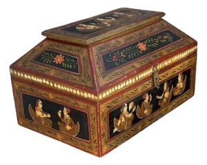 1920s Anglo Raj Indian Hand Painted Wooden Jewelry Box