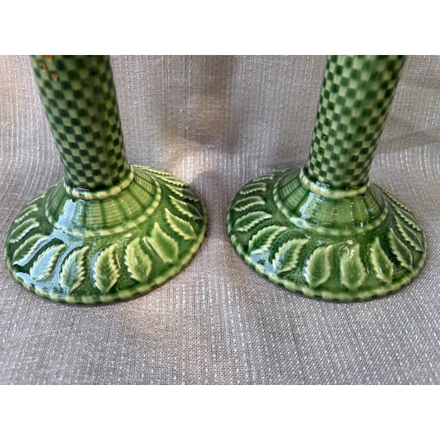 Bordallo Pinheiro Vintage Bordallo Pinheiro Green Ceramic Candlestick a Pair For Sale - Image 4 of 11