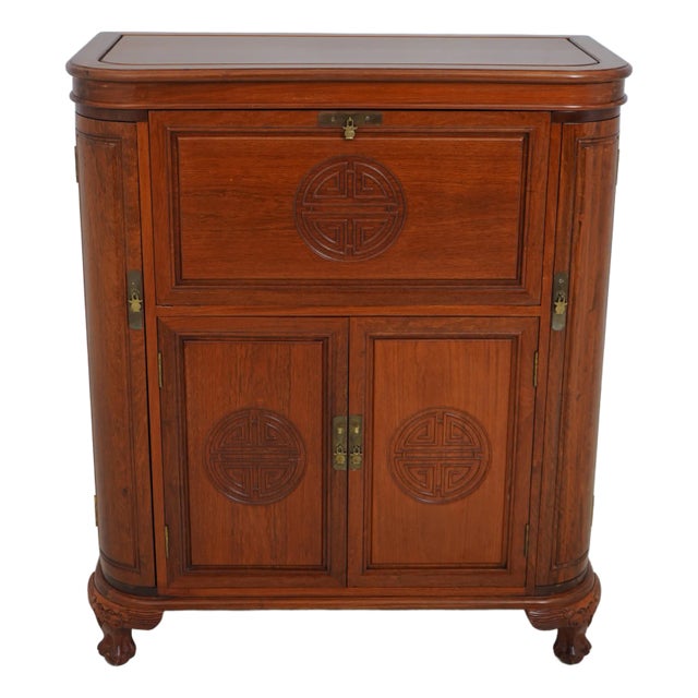 Vintage Chinese Teak Carved Bar Cabinet For Sale