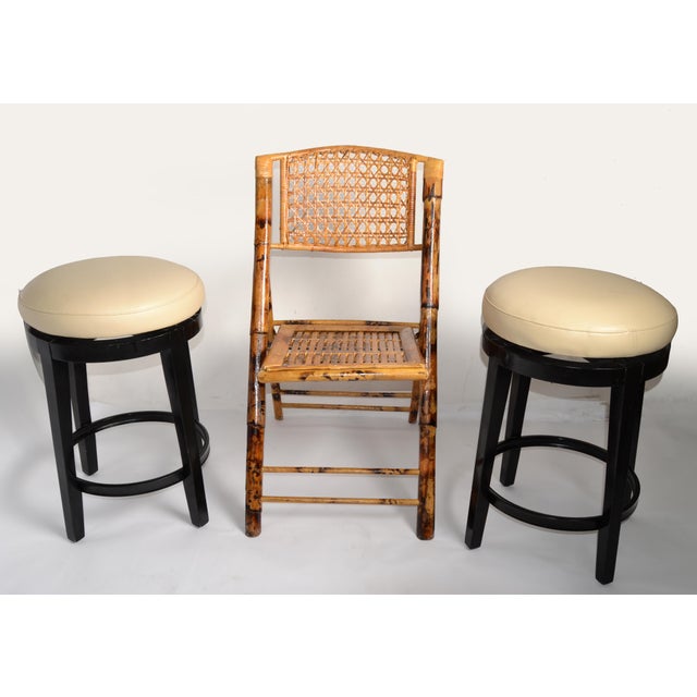 Pair, Vintage Swivel 24 Inch Kitchen Stools Black Wood Tan-Beige Faux Leather Seats For Sale - Image 12 of 16