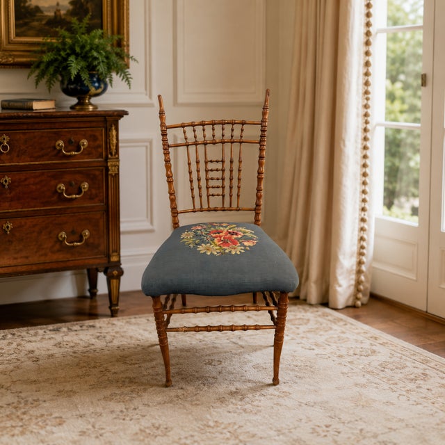 Ornamental & Decorative Materials Antique Napoleon III Faux-Bamboo Turned Spindle Side Chair With Floral Needlepoint Seat For Sale - Image 7 of 9