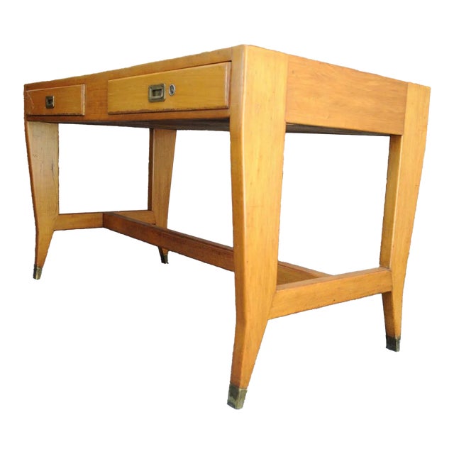 Vintage Gio Ponti Bnl Writing Table / Desk in Italian Walnut, Beech and Brass For Sale