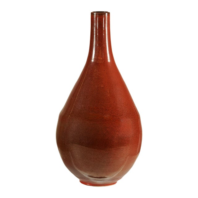 Large Artisan Ceramic Vase in Rich Brown Glaze with Teardrop Silhouette For Sale - Image 14 of 18