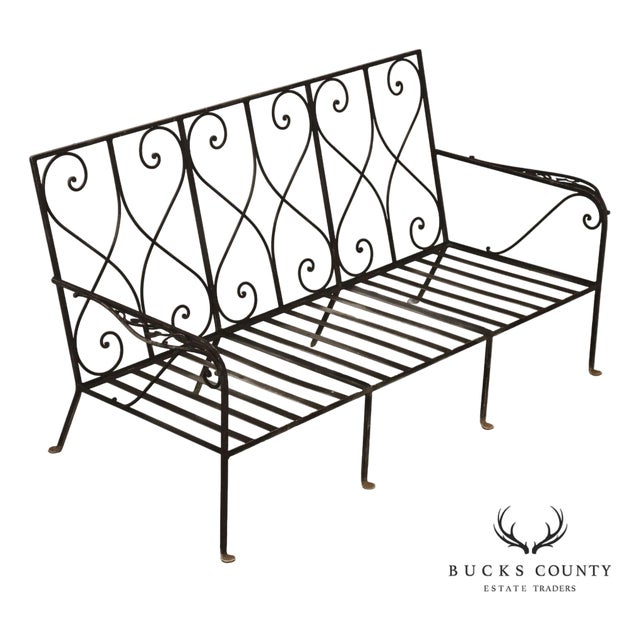 Vintage Wrought Iron Scrollwork Garden Bench For Sale