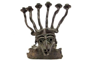 Mosheh Oved, RARE Judaica Brutalist Animal Holocaust Memorial Menorah Bronze Sculpture