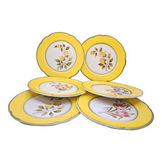 Vintage Italian Yellow Hand Painted Six (6) Floral Wall Plates Vgc For Sale