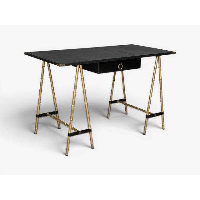Mid-Century Modern Jacques Adnet Attr., Desk, Black Leather, Brass, France, 1950s For Sale - Image 3 of 15