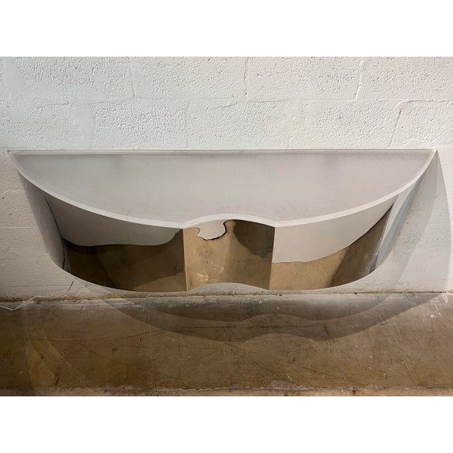 1970s Mid-Century Custom Polished Steel and Frosted Lucite Illuminated Floating Shelf or Console For Sale - Image 5 of 13