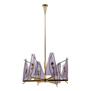 Mid-Century Italian Chandelier in Brass and Purple Acrylic Glass from Stilux Milano, 1970s For Sale