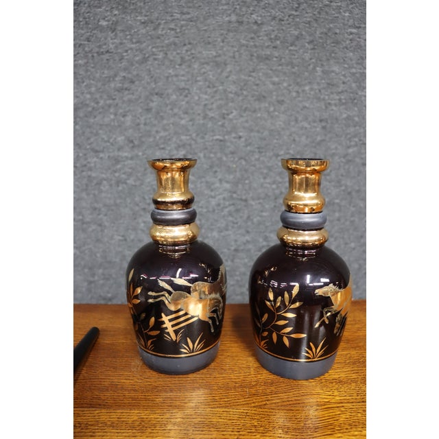 Early 20th Century Royal Purple Art Glass Decanters With Gold Horse Overlay - Pair For Sale - Image 14 of 14