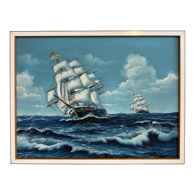 t.j. Lee Marine Seascape Oil Painting Tall Ships Ocean Waves Nautical Framed For Sale