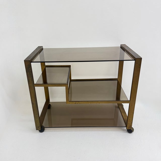 Mid-Century Brass Bar Car with Smoked Glass, 1970s For Sale - Image 9 of 18