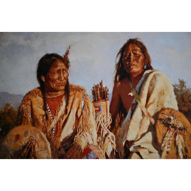 A striking limited edition giclée on canvas by the legendary Western artist Howard Terpning, titled “Medicine Shields of...