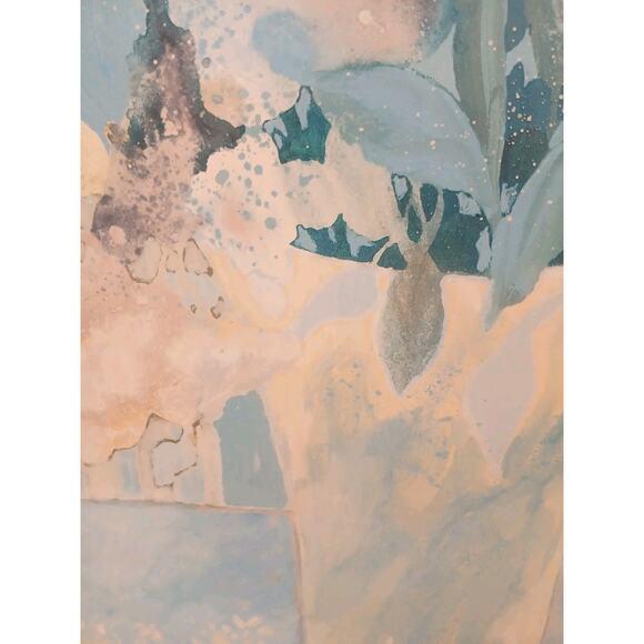 1950s Watercolor Painting Abstract Lt Blue Floral Wood Bamboo Frame Hollywood Regency For Sale - Image 11 of 14