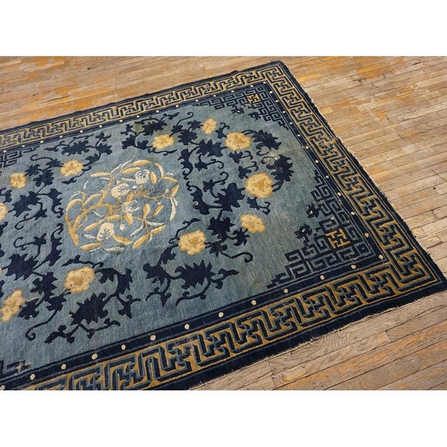 Antique 1880s Blue Classic Greek Key Chinese Peking Knotted Wool Small Rug For Sale - Image 4 of 9
