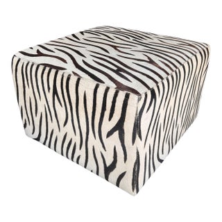 Vintage Zebra Print Cowhide Ottoman With Casters, Circa 1990s For Sale