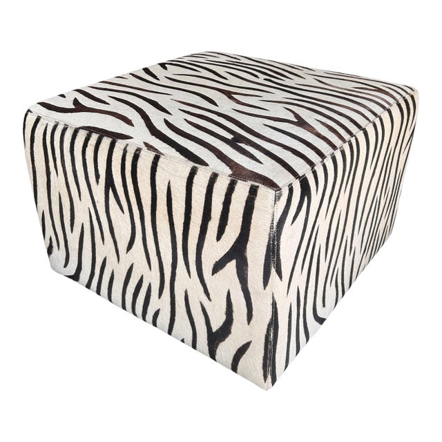 Vintage Zebra Print Cowhide Ottoman With Casters, Circa 1990s For Sale