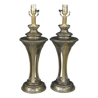 2 Art Deco Hollywood Regency Style Tapered Brass Buffet Table Lamps Pair For Sale