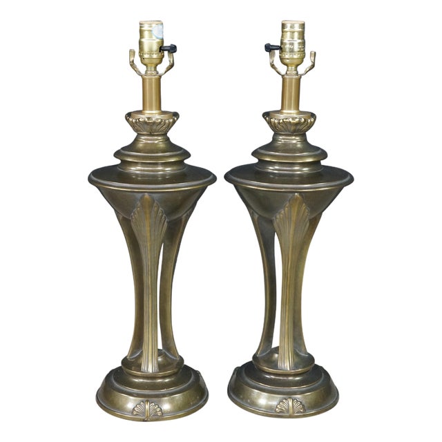 2 Art Deco Hollywood Regency Style Tapered Brass Buffet Table Lamps Pair For Sale