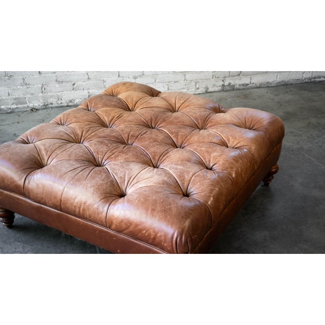 Vintage Thomasville Tufted Distressed Leather Chesterfield Cocktail Ottoman For Sale In Boston - Image 6 of 14