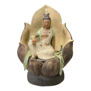 Chinese Tan Ceramic Sitting Lotus Kwan Yin Bodhisattva Buddha Statue