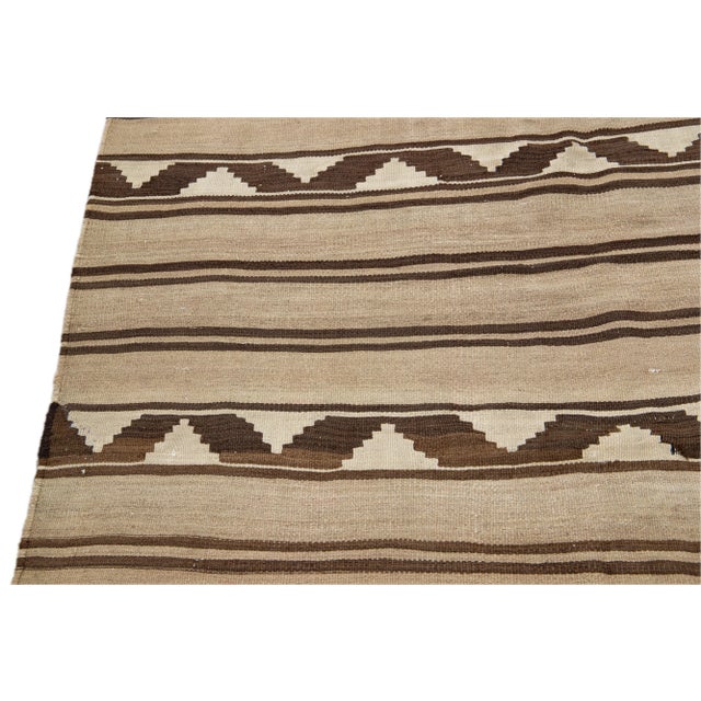 Vintage Kilim Red Handmade Flatweave Stripe Brown Wool Runner For Sale - Image 4 of 10