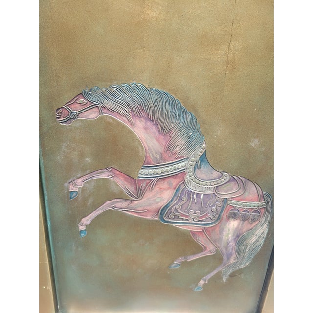 Vintage Wood Pale Gold Pink Green Carved Horse Wall Art- a Pair For Sale - Image 9 of 11