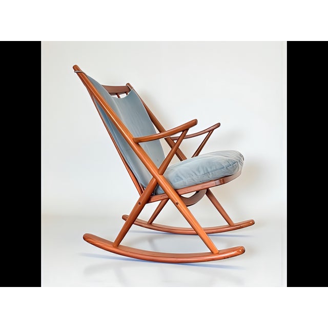 Teak Rocking Chair with Mohair Velvet Cover in Ice Blue by Frank Reenskaug for Bramin, Denmark, 1960s For Sale - Image 4 of 17
