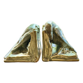 Pair Signed Matte Green Rookwood Crow Bookends, C. 1920s For Sale
