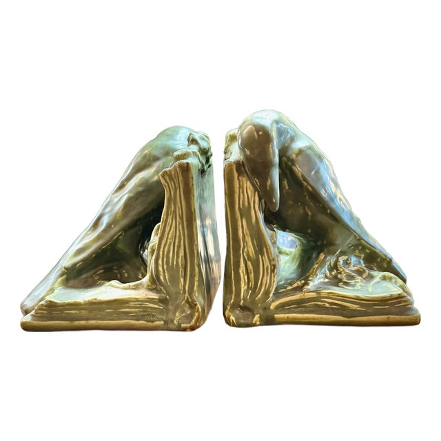 Pair Signed Matte Green Rookwood Crow Bookends, C. 1920s For Sale