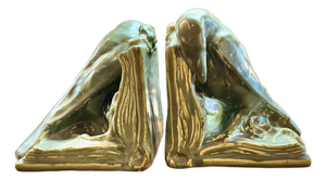 Pair Signed Matte Green Rookwood Crow Bookends, C. 1920s