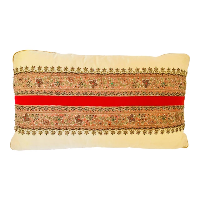 Decorative Ivory Color Silk Throw Pillow Embellished With Beads For Sale
