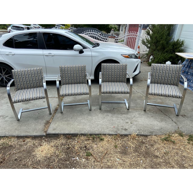 2003 Set of 4 Mies Van Der Rohe for Knoll Flat Bar Brno Arm Chairs Grid Fabric Pattern For Sale - Image 9 of 15