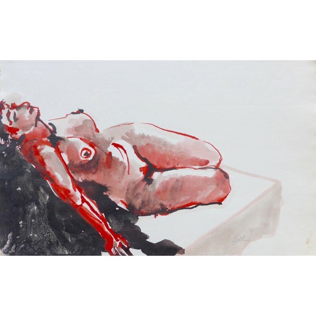 "Nude in Red" Contemporary Figurative Ink Drawing by Martha Holden For Sale