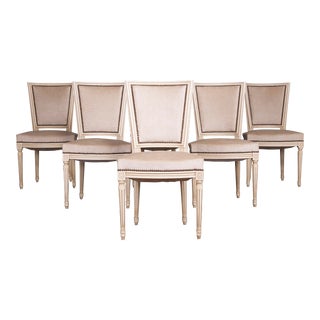 Antique French Louis XVI Style Painted Dining Chairs W/ Beige Velvet - Set of 6 For Sale