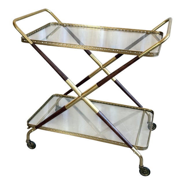 Mid-Century Modern Serving Bar Cart with Brass and Wood from Cesare Lacca, Italy, 1950s For Sale