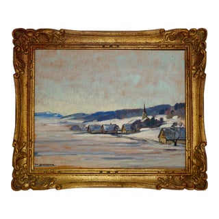 Henri Sandoz Swiss Winter Village Oil Painting, Jura Mountain Snow Scene, Dated 1949, Gilt Frame For Sale