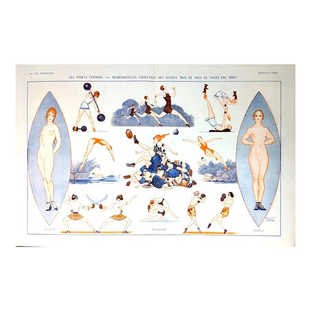 Authentic La Vie Parisienne 1921 A. Vallée "Les Sports Féminins — " Illustrated Centerfold Print For Sale