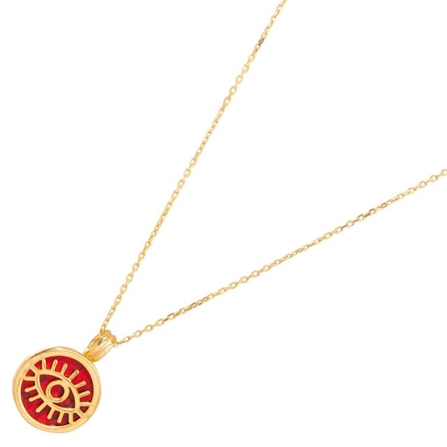 2020s Coral & Gold Round Evil Eye Pendant Talisman Necklace For Sale - Image 5 of 9