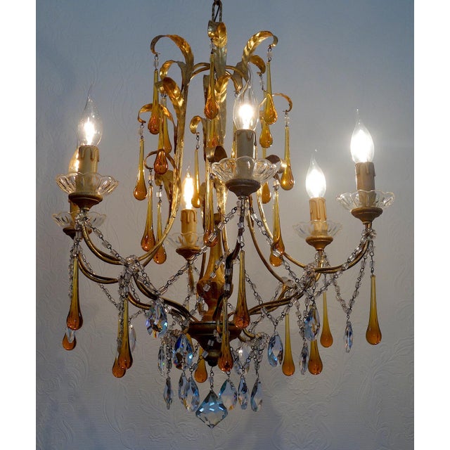 Gilded Metal and Murano Glass Drop Chandelier, 1940s For Sale - Image 11 of 12