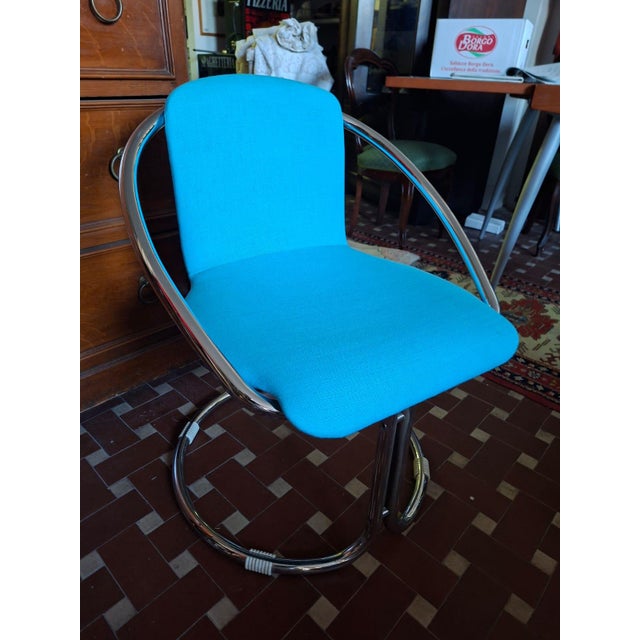 Italian Steel and in Turquoise Cotton Upholstery Armchairs, 1960s, Set of 2, in Flawless conditions. Designed 1960 to 1969