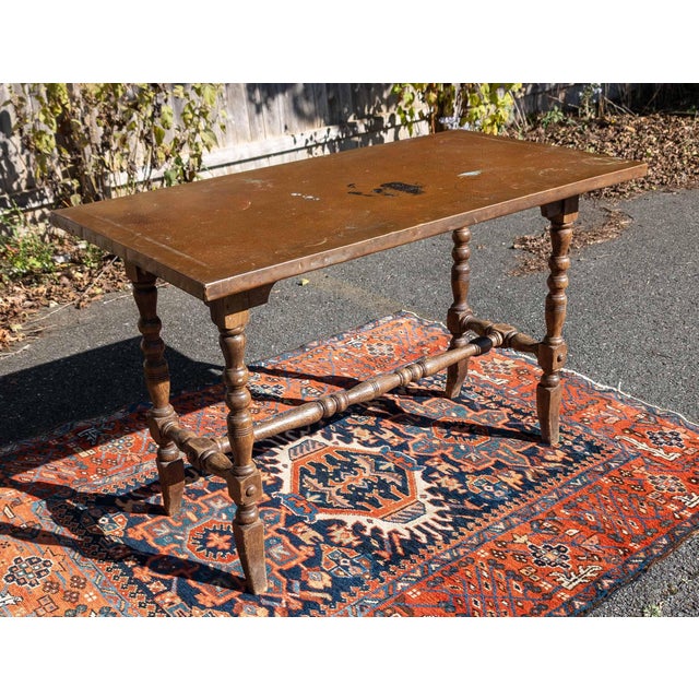 Spanish Revival Early 20th Century Arts and Crafts Copper Clad Top Spanish Jacobean Revival Sofa Table For Sale - Image 3 of 18