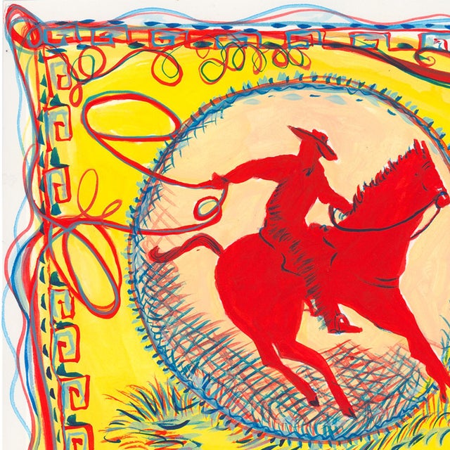 Contemporary Red Horse Rodeo Square Original Whimsical Contemporary Figurative Watercolor by Pauline De Roussy De Sales For Sale - Image 3 of 5