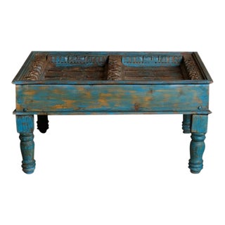 19th Century Antique Hand Carved Rustic Haveli Turquoise Blue Chai Coffee Table For Sale