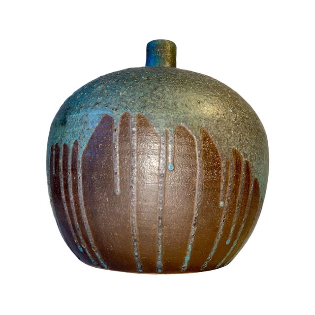 Blue Vintage Mid Century Blue Green Drip Glazed Brown Vase For Sale - Image 8 of 13