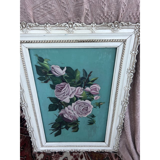 Antique Hand-Painted on Glass Pink Roses-Ornate Gesso Frame For Sale In Providence - Image 6 of 9