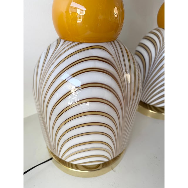 Contemporary Pair of Brass and Berlingo Stripe Murano Glass Lamps, Italy For Sale - Image 10 of 11