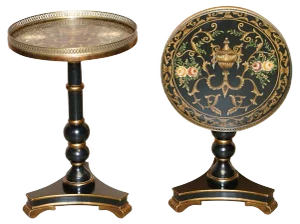 Vintage Hand Painted Tilt Top Side Tables with Brass Gallery Rails, Set of 2
