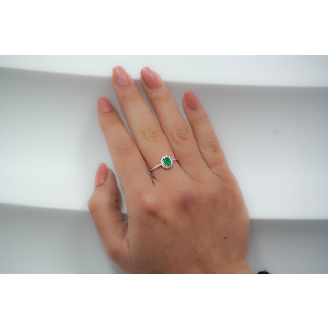 2/3 Carat Natural Emerald & Diamond Oval Halo 1.7mm Band Ring in 18K White Gold, Size 5.5 For Sale - Image 10 of 10