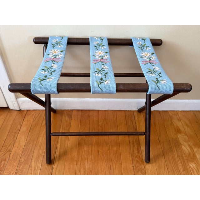 Mid 20th Century Needlepoint Wood Luggage or Serving Tray Rack Stand For Sale - Image 6 of 8